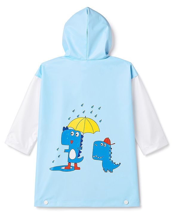 Babyhug Full Sleeves Raincoat With Dino Print - Light Blue