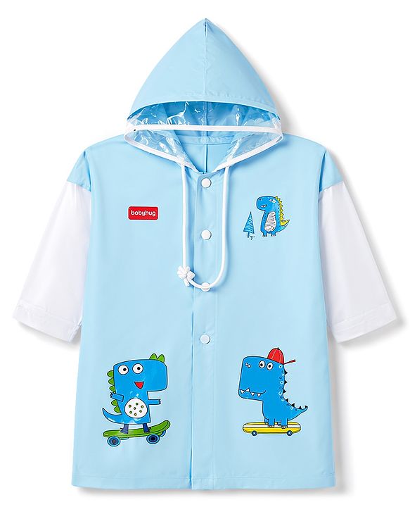 Babyhug Full Sleeves Raincoat With Dino Print - Light Blue