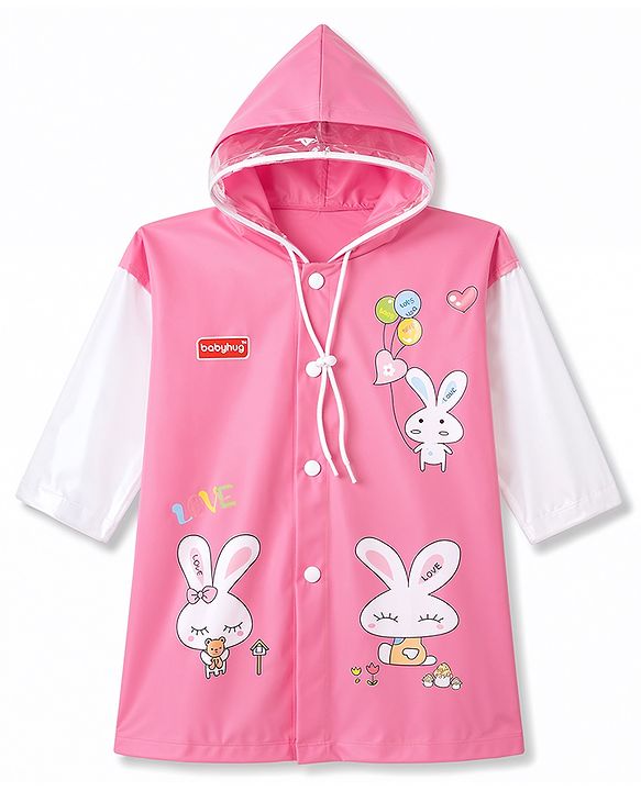 Babyhug Full Sleeves Bunny Printed Raincoat - Pink
