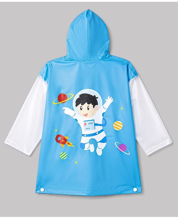 Babyhug Full Sleeves Knee Length Hooded Astronaut Printed Raincoat - Blue