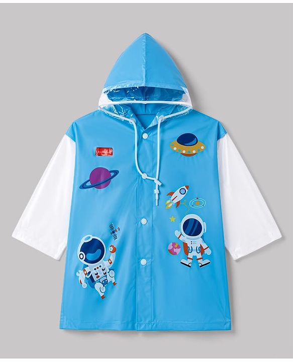 Babyhug Full Sleeves Knee Length Hooded Astronaut Printed Raincoat - Blue