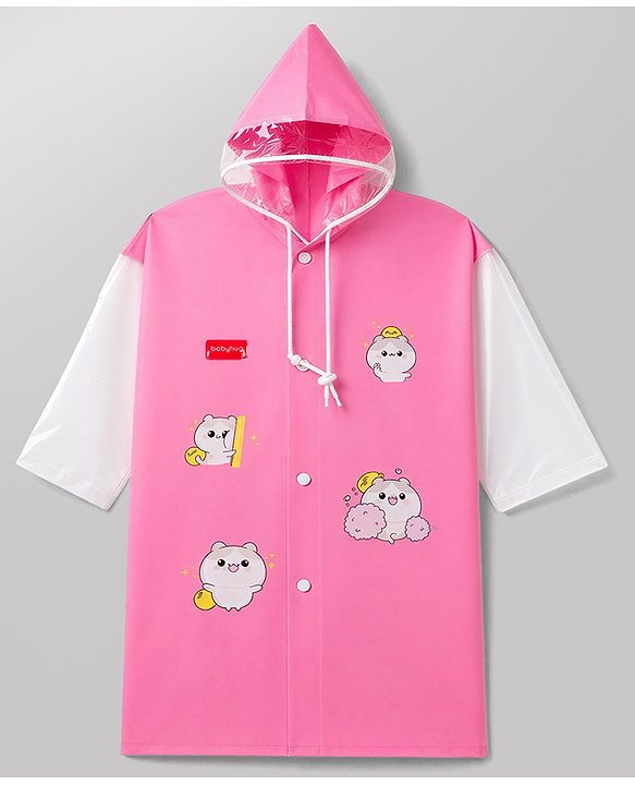 Babyhug Full Sleeves Raincoat With Animal Print - Pink