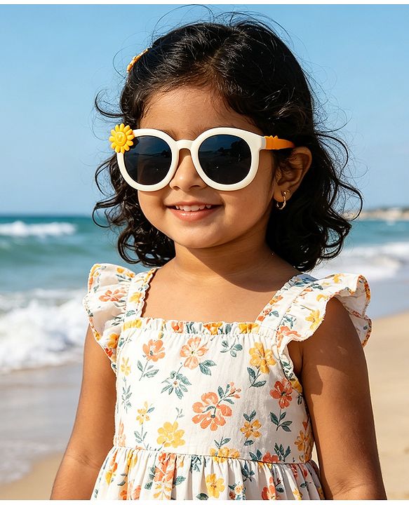 Babyhug Solid Coloured Sunglasses With Flower Applique - Beige