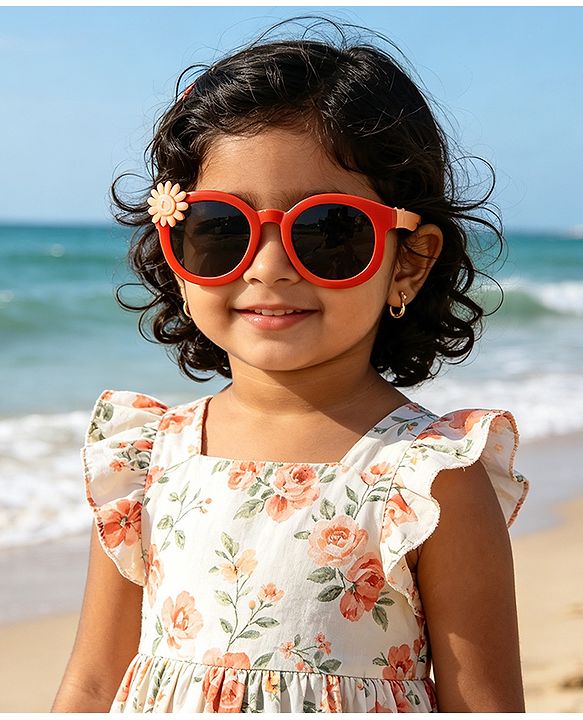 Babyhug Solid Coloured Sunglasses With Flower Applique - Beige