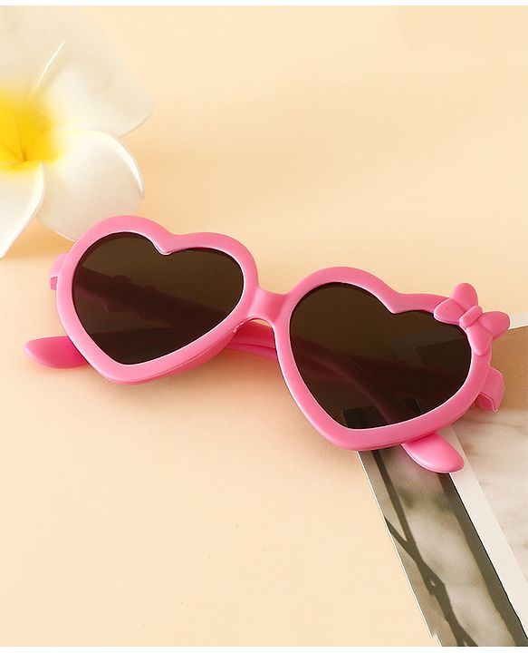 Pine Kids Solid Coloured Heart Shaped Sunglasses with Bow Applique - Pink