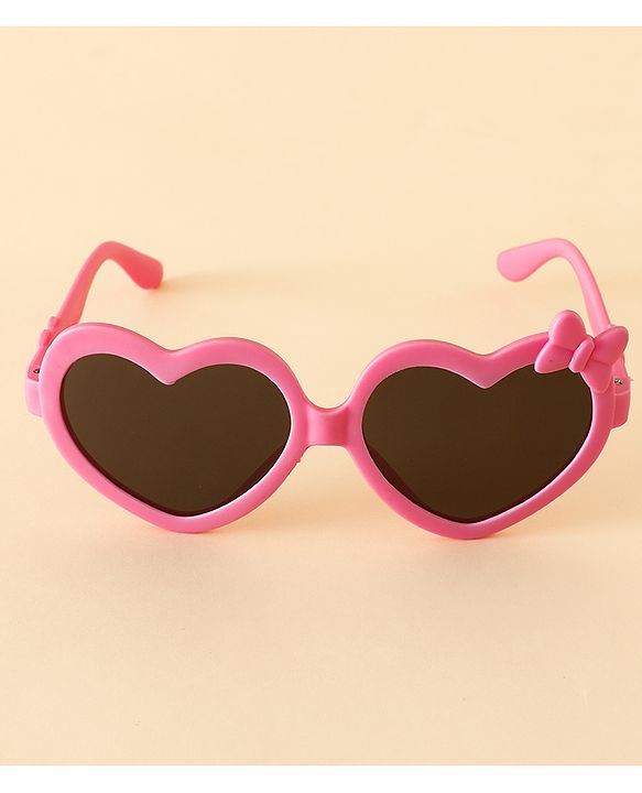 Pine Kids Solid Coloured Heart Shaped Sunglasses with Bow Applique - Pink