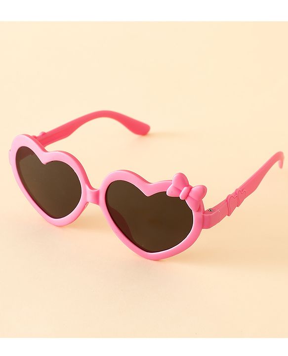 Pine Kids Solid Coloured Heart Shaped Sunglasses with Bow Applique - Pink