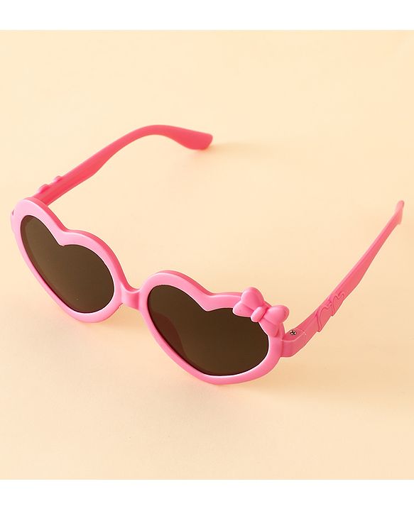 Pine Kids Solid Coloured Heart Shaped Sunglasses with Bow Applique - Pink