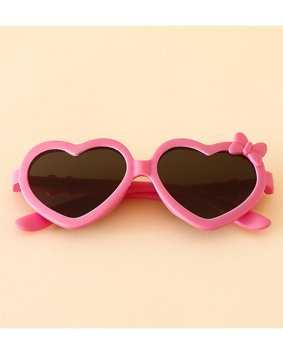 Pine Kids Solid Coloured Heart Shaped Sunglasses with Bow Applique - Pink