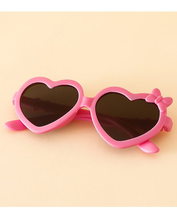 Pine Kids Solid Coloured Heart Shaped Sunglasses with Bow Applique - Pink