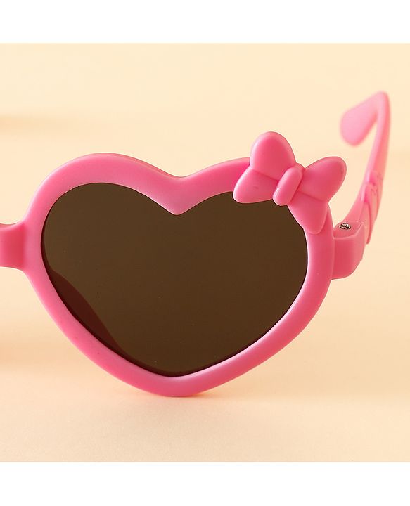 Pine Kids Solid Coloured Heart Shaped Sunglasses with Bow Applique - Pink