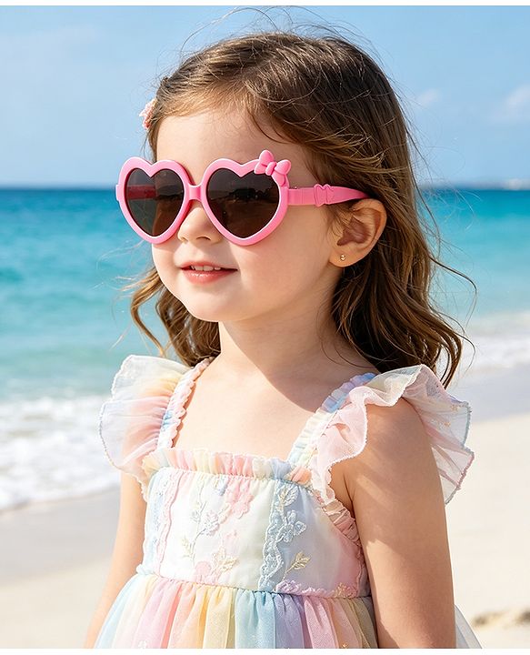 Pine Kids Solid Coloured Heart Shaped Sunglasses with Bow Applique - Pink