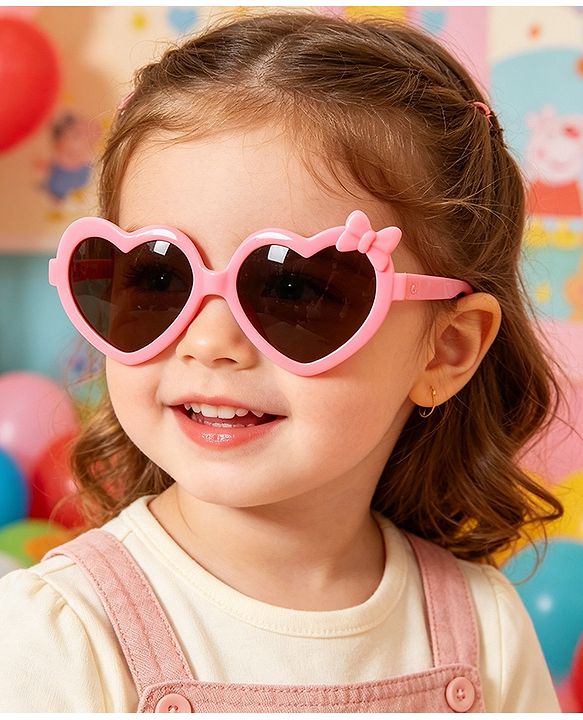 Pine Kids Solid Coloured Heart Shaped Sunglasses with Bow Applique - Pink