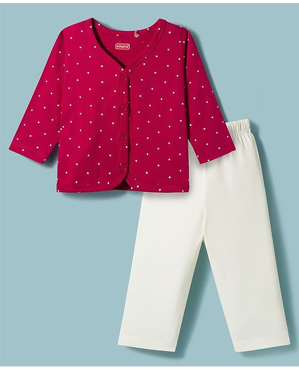 Babyhug Single Jersey Knit Full Sleeves Top & Leggings Set with Polka Dot Print - Maroon & White