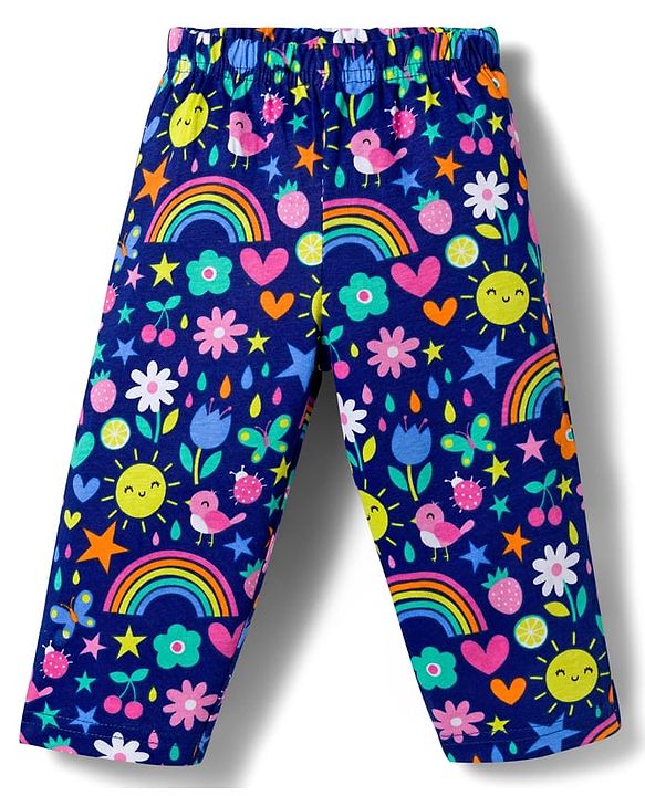 Babyhug Single Jersey Knit Full Sleeves Top & Leggings Set with Polka Dot & Tropical Theme Print - Blue