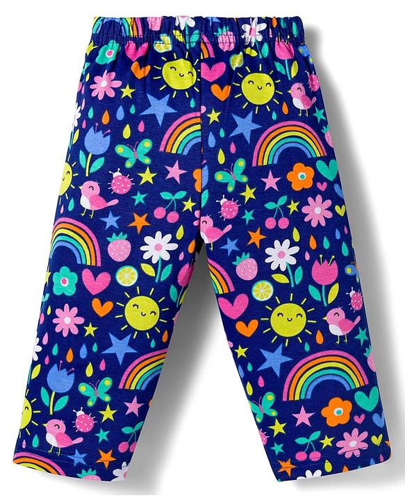 Babyhug Single Jersey Knit Full Sleeves Top & Leggings Set with Polka Dot & Tropical Theme Print - Blue
