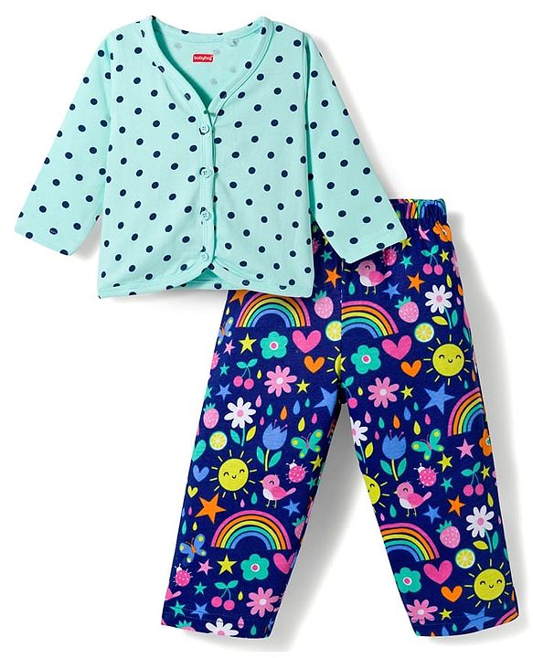 Babyhug Single Jersey Knit Full Sleeves Top & Leggings Set with Polka Dot & Tropical Theme Print - Blue