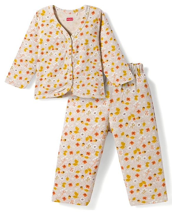 Babyhug Single Jersey Knit Full Sleeves Co-ords Top & Leggings Set with Floral Print - Beige