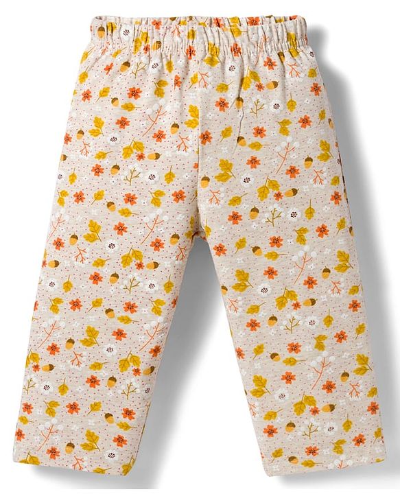 Babyhug Single Jersey Knit Full Sleeves Co-ords Top & Leggings Set with Floral Print - Beige