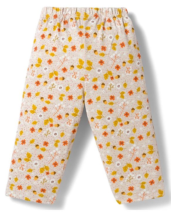 Babyhug Single Jersey Knit Full Sleeves Co-ords Top & Leggings Set with Floral Print - Beige