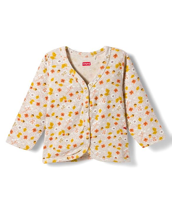 Babyhug Single Jersey Knit Full Sleeves Co-ords Top & Leggings Set with Floral Print - Beige