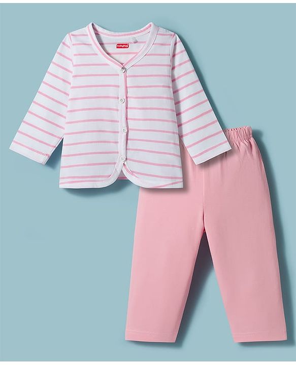 Babyhug Single Jersey Knit Full Sleeves Top & Leggings Set with Stripes - Pink