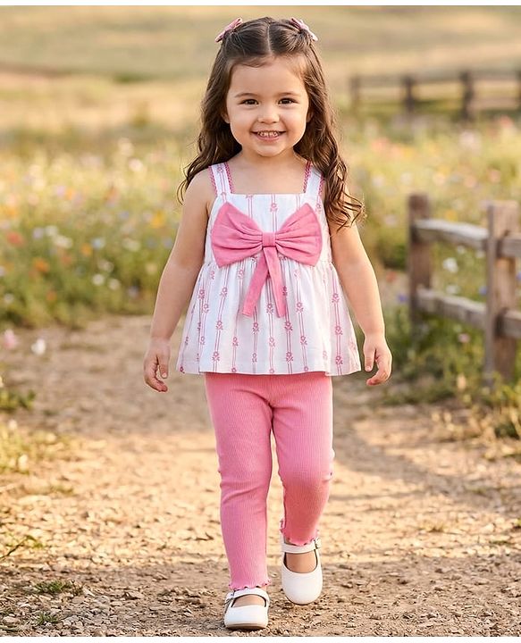 Babyhug Singel Jersey Knit Sleeveless Top & Leggings Set with Floral Print & Bow Applique - Pink