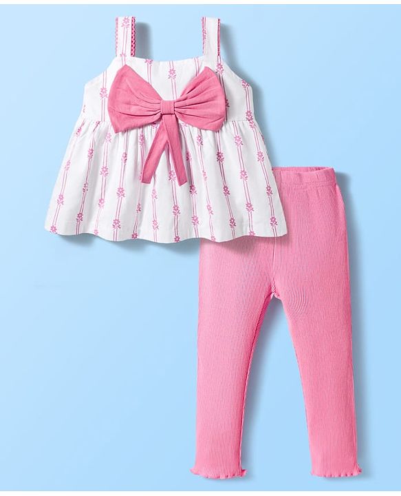 Babyhug Singel Jersey Knit Sleeveless Top & Leggings Set with Floral Print & Bow Applique - Pink