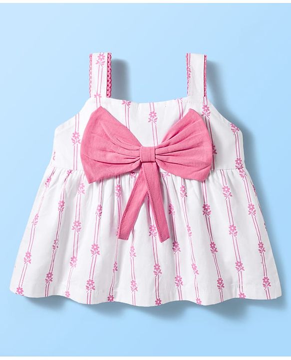 Babyhug Singel Jersey Knit Sleeveless Top & Leggings Set with Floral Print & Bow Applique - Pink