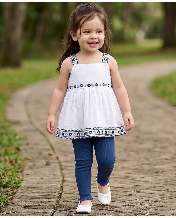 Babyhug Cotton Knit Sleeveless Floral Embroidered Top & Leggings Set - White & Navy Blue