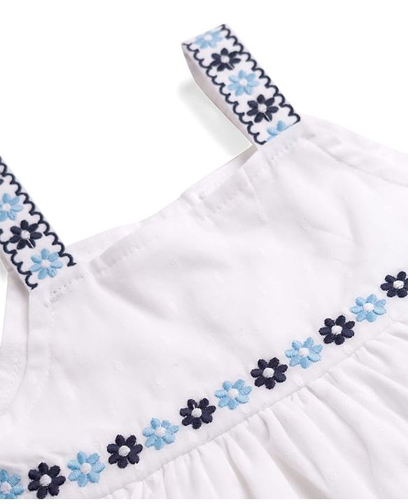 Babyhug Cotton Knit Sleeveless Floral Embroidered Top & Leggings Set - White & Navy Blue