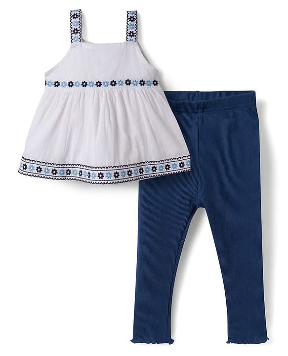 Babyhug Cotton Knit Sleeveless Floral Embroidered Top & Leggings Set - White & Navy Blue
