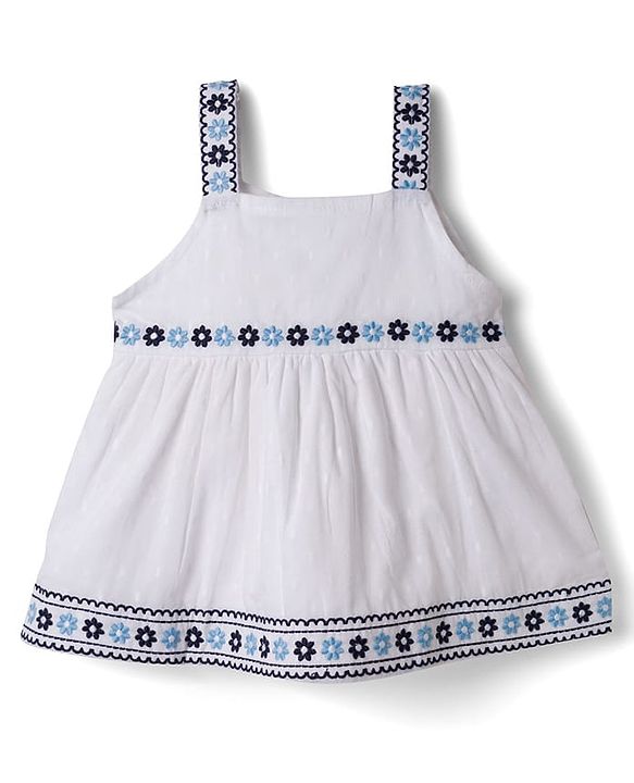 Babyhug Cotton Knit Sleeveless Floral Embroidered Top & Leggings Set - White & Navy Blue