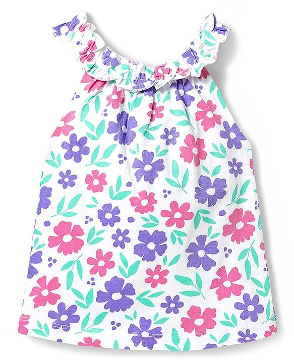 Babyhug Single Jersey Knit Sleeveless Top & Shorts Set with Floral Print - White & Lavender