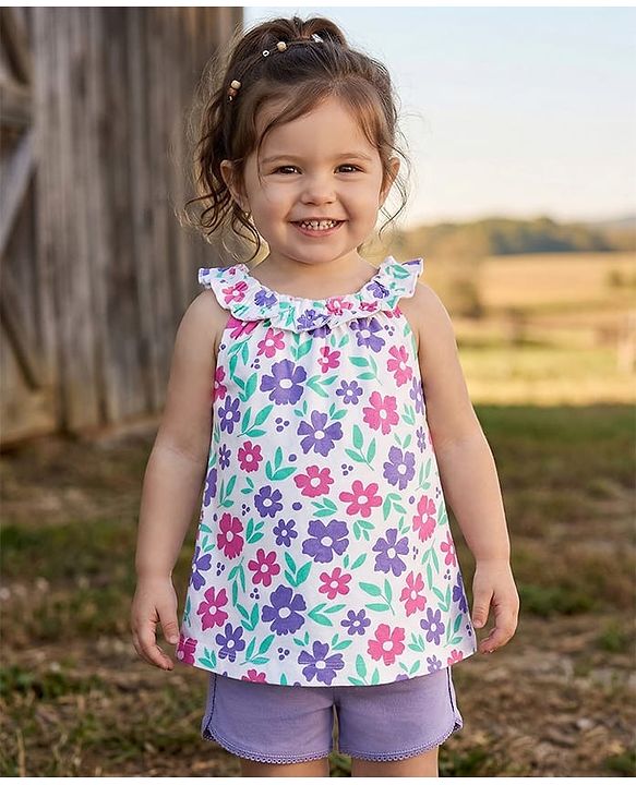 Babyhug Single Jersey Knit Sleeveless Top & Shorts Set with Floral Print - White & Lavender