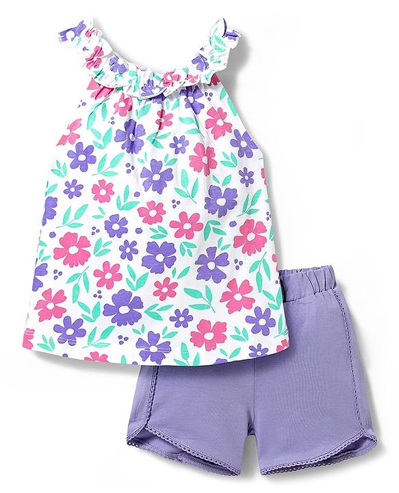 Babyhug Single Jersey Knit Sleeveless Top & Shorts Set with Floral Print - White & Lavender