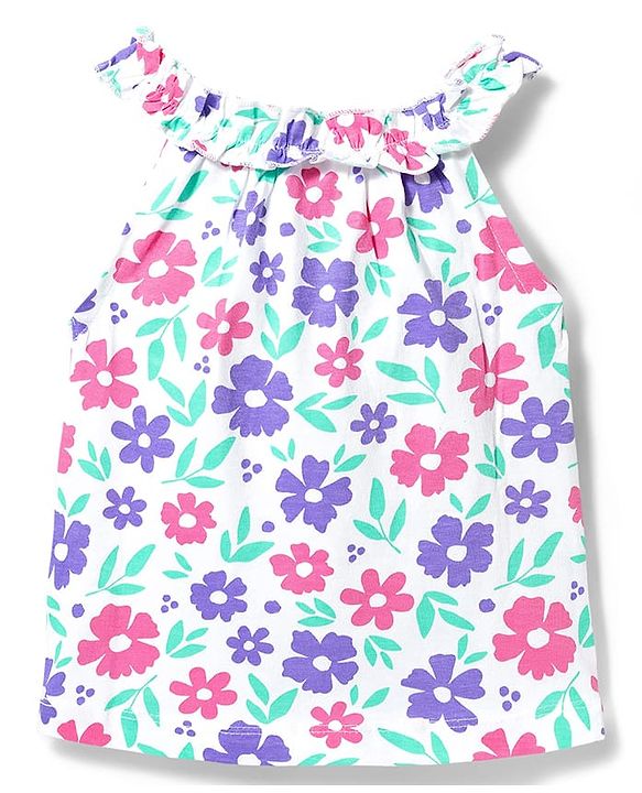 Babyhug Single Jersey Knit Sleeveless Top & Shorts Set with Floral Print - White & Lavender