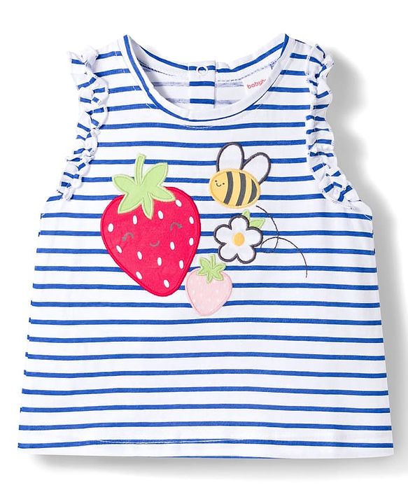 Babyhug Single Jersey Knit Sleeveless Striped Top & Shorts Set with Tropical Theme Embroidery - Navy Blue