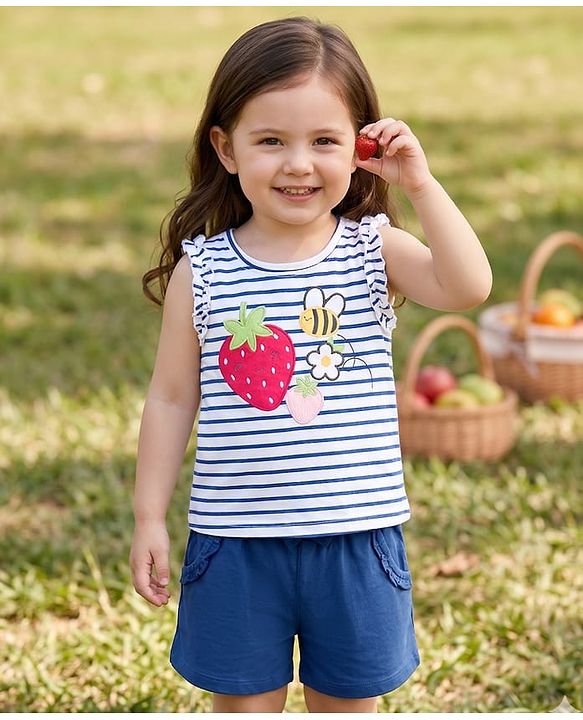 Babyhug Single Jersey Knit Sleeveless Striped Top & Shorts Set with Tropical Theme Embroidery - Navy Blue