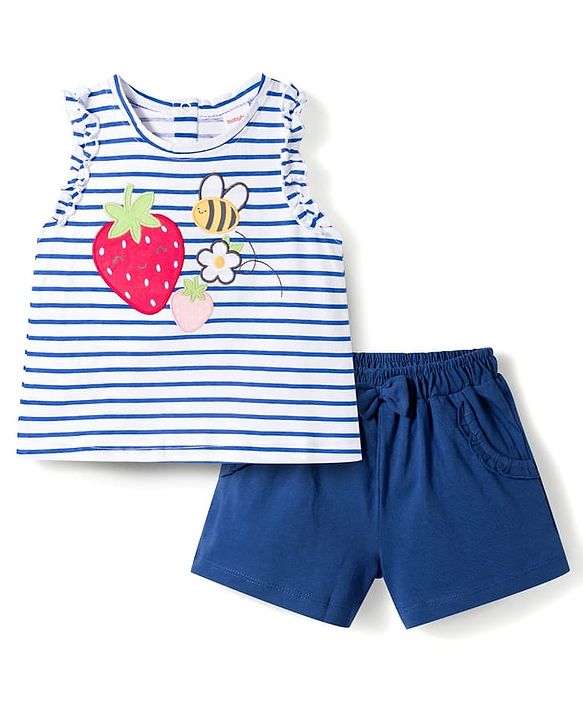 Babyhug Single Jersey Knit Sleeveless Striped Top & Shorts Set with Tropical Theme Embroidery - Navy Blue