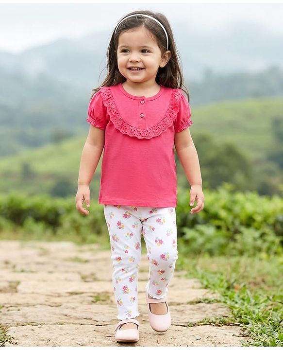 Babyhug Single Jersey Knit Half Sleeves Top & Leggings Set with Floral Print - Dark Pink