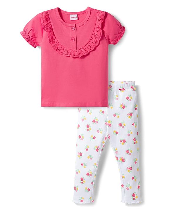 Babyhug Single Jersey Knit Half Sleeves Top & Leggings Set with Floral Print - Dark Pink