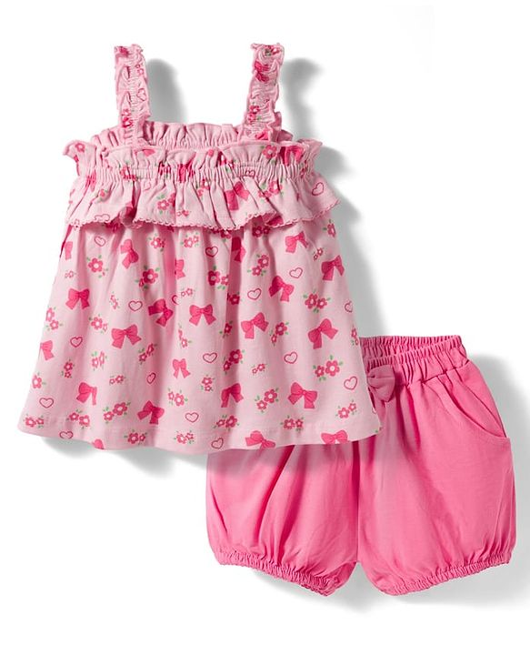 Babyhug Cotton Knit Sleeveless Floral & Bow Printed Top & Shorts Set - Pink