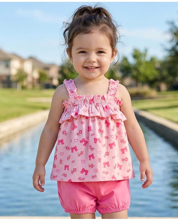 Babyhug Cotton Knit Sleeveless Floral & Bow Printed Top & Shorts Set - Pink