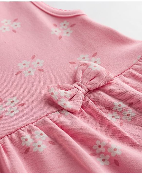 Babyhug Single Jersey Knit Sleeveless Floral Printed Top with Bow Applique & Shorts - Pink