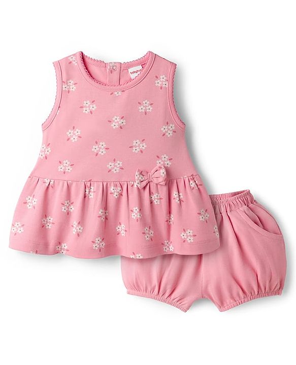 Babyhug Single Jersey Knit Sleeveless Floral Printed Top with Bow Applique & Shorts - Pink