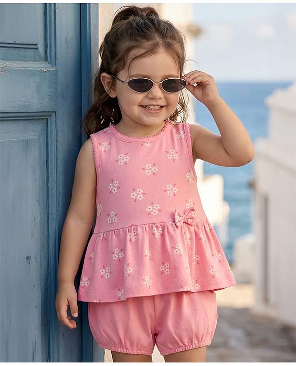 Babyhug Single Jersey Knit Sleeveless Floral Printed Top with Bow Applique & Shorts - Pink