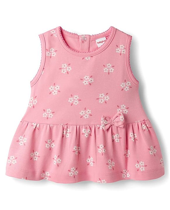 Babyhug Single Jersey Knit Sleeveless Floral Printed Top with Bow Applique & Shorts - Pink