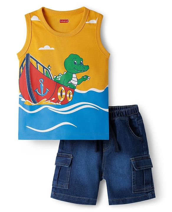 Babyhug Single Jersey Knit Sleeveless T-Shirt & Shorts Set with Dino Print - Yellow & Blue