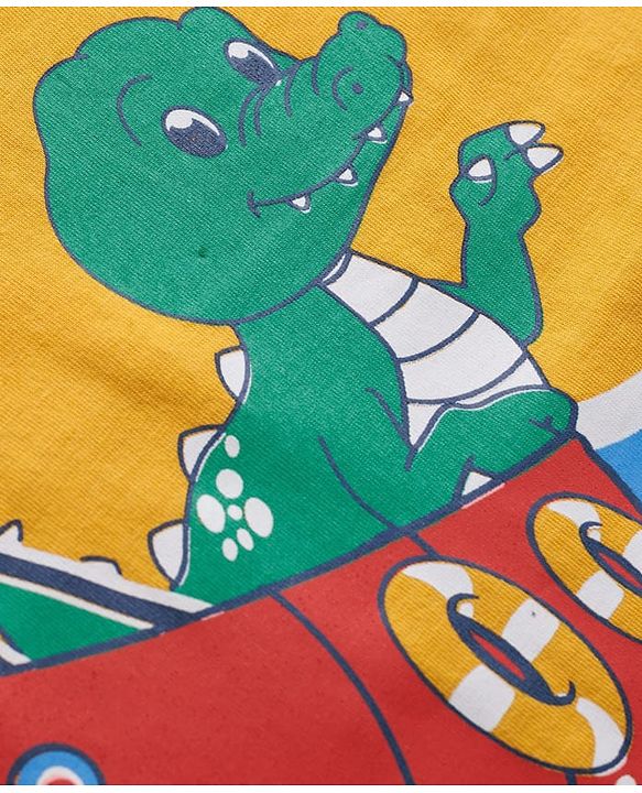Babyhug Single Jersey Knit Sleeveless T-Shirt & Shorts Set with Dino Print - Yellow & Blue